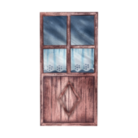 The door is made in retro style. Vintage wooden door with curtains. A watercolor illustration made by hand. Highlight it. A design element for home, children's games, postcards and decor. png