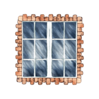 Retro window. An old vintage window framed with bricks. A hand-drawn watercolor illustration. Isolate it. A design element for home, children's games, postcards and decor. png