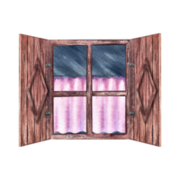 ventana. Clásico rústico ventana con de madera persianas y rosado cortinas hecho a mano acuarela ilustración. realce él. para el diseño de para niños juegos, postales, decoración y impresión. png