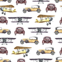 Seamless pattern featuring vintage retro cars and airplane liners. The illustrations are made by hand in watercolor. Front and side view. For textiles, wallpapers and prints, packaging, wrapping paper png