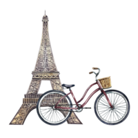 The Eiffel Tower and a retro bicycle with a basket. A hand-drawn watercolor illustration. A beautiful romantic postcard. Designed for badges, emblems and postcards. For posters, stickers, printing. png