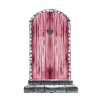 The door is retro. Pink, vintage arched, wooden door with stone steps. A watercolor illustration made by hand. Highlight it. A design element for home, children's games, postcards and decor. png