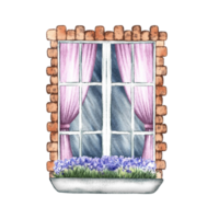 Retro window. An old vintage window framed with brick. With pink curtains and flowers on the windowsill. A hand-drawn watercolor illustration. Highlight it. A design element for home, children's game png