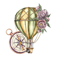 Vintage balloon with basket and compass with flowers. A hand-drawn watercolor illustration. A hot air balloon trip. Isolate it. For an icon or logo. For a banner, flyer, poster. For sticker, printing. png