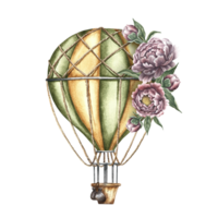 Vintage balloon with a basket decorated with flowers. A hand-drawn watercolor illustration. Isolate it. For an icon or logo in pastel colors. For a banner, flyer, poster. For logo, sticker, printing. png