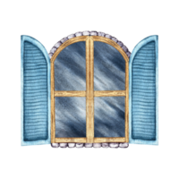 retro ventana. un antiguo ventana con azul persianas un dibujado a mano acuarela ilustración. aislar él. un diseño elemento para hogar, para niños juegos, postales y decoración. png