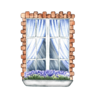 The window is in retro style. An old vintage window framed with brick. With blue curtains and flowers on the windowsill. A hand-drawn watercolor illustration. Highlight it. A design element. png