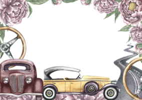 A frame with an image of retro cars and vintage flowers. Antique car steering wheel, paved roads. A retro-style journey. A watercolor illustration made by hand. For banners, flyers, posters, prints. png