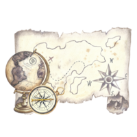 Vintage globe and compass with an ancient map of the island. Handmade watercolor illustration in screw style. For banners, flyers, posters. For printing, stickers and packaging. png