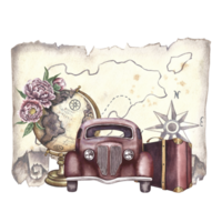 A retro car and an antique globe of the earth, an old map and suitcases. A watercolor illustration made by hand. Vintage travel. For banners, flyers, posters. For prints, stickers, postcards. png