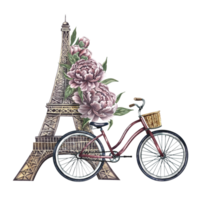 eiffel torre y retro bicicleta en Clásico colores. un dibujado a mano acuarela ilustración. un hermosa romántico tarjeta postal. diseñado para volantes, pancartas y postales para carteles, pegatinas, impresión png