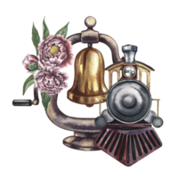 Vintage steam locomotive and locomotive bell decorated with flowers. Handmade watercolor illustration in vintage style. For postcards, badges and emblems for posters, prints or stickers, tickets. png