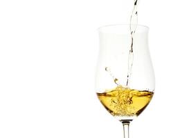 white wine being served in a glass on a white background photo