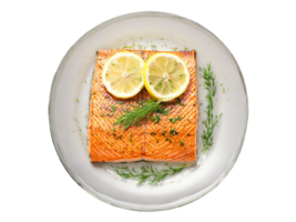 Grilled salmon fillet with lemon slices and dill served on a clear glass dish floating png