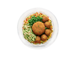 Vegetarier Falafel Schüssel mit Hummus und Tabouleh serviert im ein transparent Glas Schüssel Mitte östlichen png