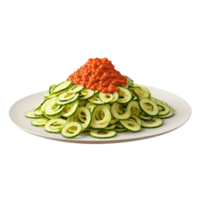 Zucchini noodles spiralized green zucchini ribbons tangled with marinara sauce isolated on transparent Food and png