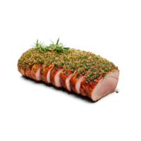 Pork loin roast tied with string herb crusted shot from a 45 degree angle png