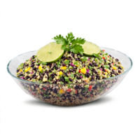 Quinoa black bean salad colorful and zesty tossing and mixing with lime wedges and cilantro png