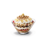 Granola banana split indulgent and wholesome slicing and revealing layers with a drizzle of peanut png