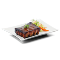 A flavorful and aromatic BBQ rib in a square glass dish, garnished with fresh herbs and served with coles png