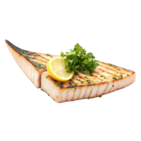 Grilled swordfish steak with a slice of lemon and a sprinkle of chopped parsley Summer png