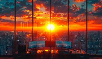 Empty office desk in modern office with beautiful cityscape and sunset in the background photo