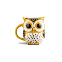 Quirky owl shaped ceramic mug with a hand painted design filled with a creamy honey png