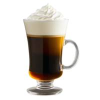 Sleek glass Irish coffee mug with a handle showcasing layers of coffee whiskey and whipped png