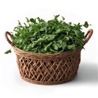 Arugula eruca sativa dark green leaves and bunches dancing over weathered wicker basket misty air png