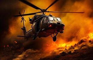 Military helicopter rescues soldiers from the fire photo