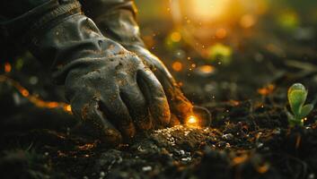 Farmer planting young plant on soil photo