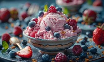 Homemade ice cream with fresh berries in bowl on dark background photo