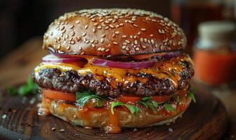 Delicious fresh homemade burger with lettuce cheese onion and tomato on wooden table photo