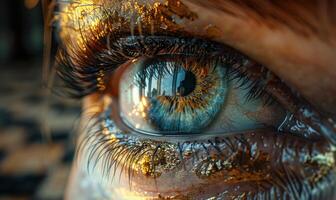 Close-up of human eye with gold paint and sequins photo