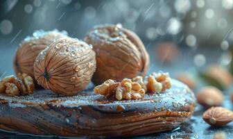 nueces en de madera tablero con agua gotas foto