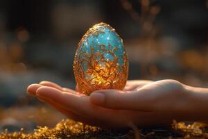 Hand holds golden egg on background of grass photo