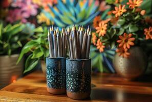 Two ceramic vases filled with pencils and pens on wooden table photo