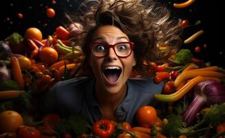 Woman is sunk in sea of vegetables photo