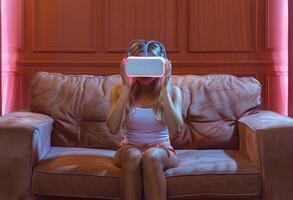 Young woman is sitting on sofa and playing game on her VR headset. photo