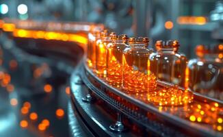 Glass bottles on the conveyor belt in the production line photo