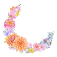 waterverf botanisch kleurrijk ronde kader van zomer en herfst bloemen. dahlia, zinnia, lathyrus, kieuwbloem, Oostindische kers, kosmos. mooi zo voor bruiloft afdrukken producten, papier, uitnodigingen, groeten png