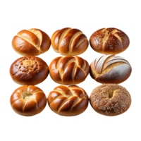 Set of bakery products isolated. Top view of wheat buns. Delicious, fresh baked goods. png