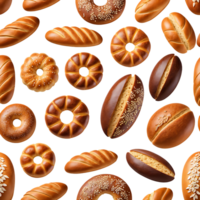 Set of bakery products isolated. Top view of bread, loaf and buns. Delicious, fresh baked goods. png