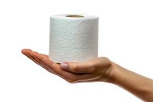 hand- Holding getextureerde toilet papier rollen Aan transparant achtergrond, schoon hygiëne concept, praktisch elke dag item voor huishouden en openbaar gebruiken, detailopname visie van single personen hand, hygiëne noodzaak png