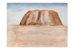 australiano paesaggio sfondo. rosso centro roccia formazione. deserto pittura con sabbia e cieli. mano disegnato acquerello schizzo. uluru montagna sfondo opera d'arte per copia spazio cartoline a partire dal giù sotto png