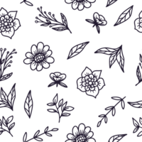 Doodle floral seamless pattern with hand drawn flowers and leaves png