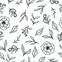 Doodle floral seamless pattern with hand drawn flowers and leaves png