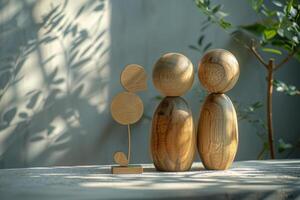 Abstract Wooden Figures in Soft Light with Plant Shadows photo