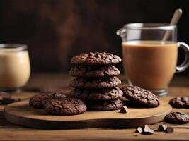Chocolate Cookies on wooden table. Ai generate photo