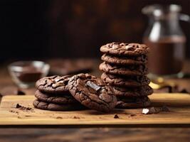 Chocolate Cookies on wooden table. Ai generate photo